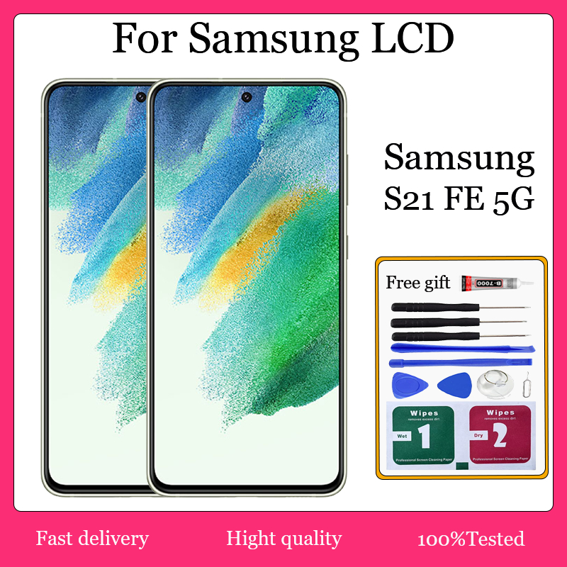 SAMSUNG Original AMOLEDสําหรับSamsung Galaxy S21 FE 5G SM-G990Bหน้าจอสัมผัสLCDพร้อมกรอบเปลี่ยน