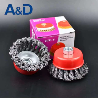 A&D แปรงลวดถ้วย 3 นิ้ว เกลียว M10 x 1.5 mm/10mm. สำหรับงาน ขัดเงา ปัดเงา ทำความสะอาดชิ้นงาน ขัดลอกสี ขัดสนิม