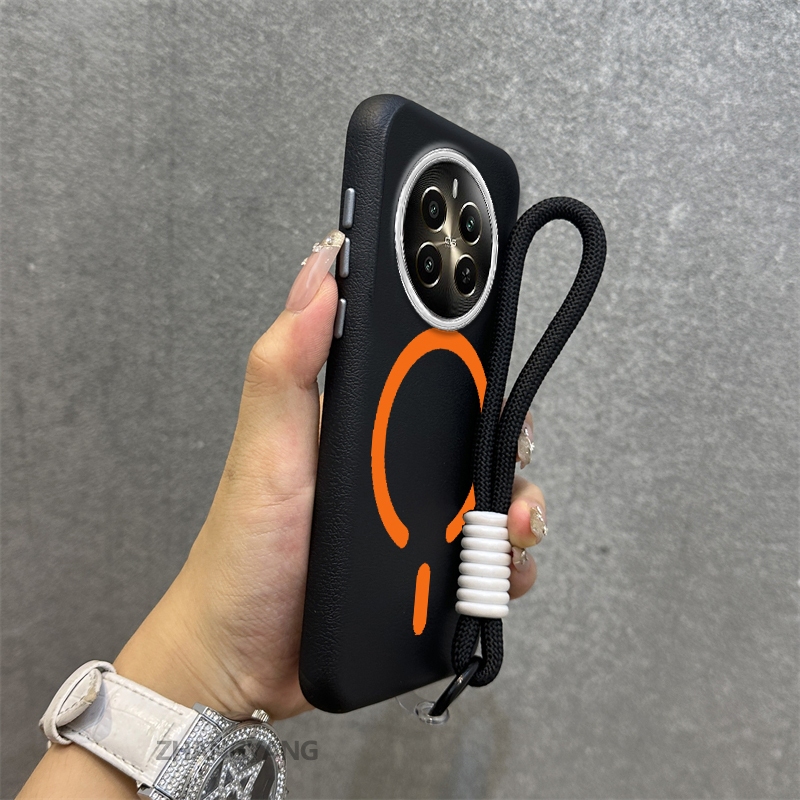 สําหรับ realme 12 5G 12x 5G 12 Pro 12 Pro Plus ขั้นสูงหนัง anti drop เคสโทรศัพท์ความงามการออกแบบใหม่ของแหวนดูดแม่เหล็กสีส้มฟรีเชือกประณีต