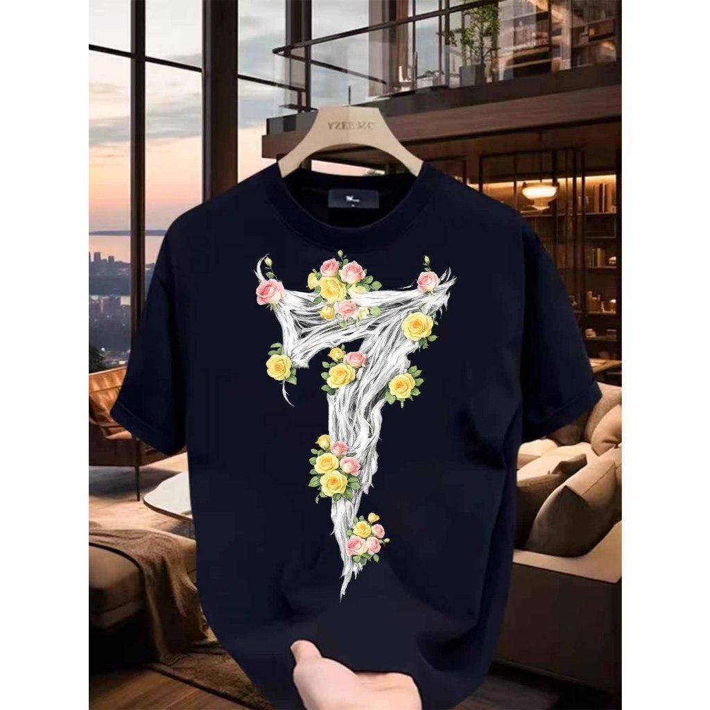 เสื้อยืดฤดูร้อนแขนสั้นผู้ชาย Floral Number Seven เหมาะสําหรับกิจกรรมกลางแจ้งทุกวัน สตรีทแวร์ และแฟชั