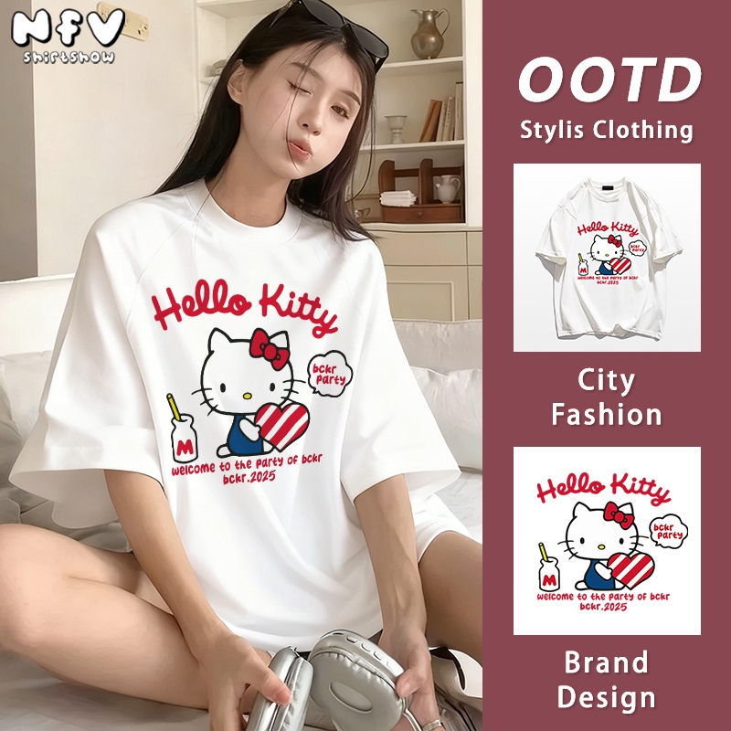 NFV แฟชั่นเกาหลี💕เสื้อยืดแขนสั้นคอกลม Oversized ทรงหลวม ลายพิมพ์การ์ตูน ผ้าหนายับยากรีดง่าย ผ้าฝ้าย100% YG585