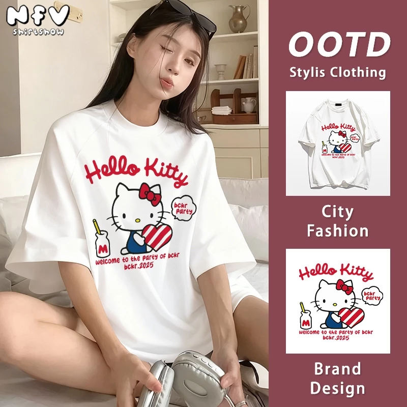 NFV แฟชั่นเกาหลี💕เสื้อยืดแขนสั้นคอกลม Oversized ทรงหลวม ลายพิมพ์การ์ตูน ผ้าหนายับยากรีดง่าย ผ้าฝ้าย100% YG585