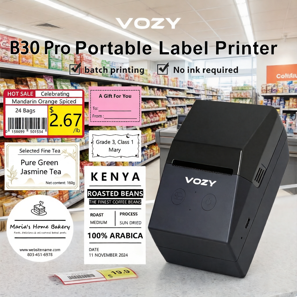 VOZY B30 Pro เครื่องพิมพ์ฉลากบลูทูธแบบพกพาสมาร์ทหมึกฉลากฟรีเครื่องทําฉลากแบบพกพา 2 นิ้วสําหรับบ้าน ห้องครัว องค์กรสํานักงาน