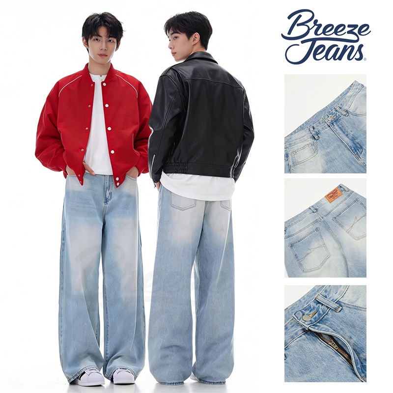 Breeze jeans กางเกงยีนส์ชาย ทรงขากว้าง สไตล์เกาหลี ใส่ลำลอง ทรงตรงสีไอซ์บลู สไตล์เรียบหรู แฟชั่นสไตล์อเมริกันสตรีทหลวมสบายๆ Ripped Raw Edge Design