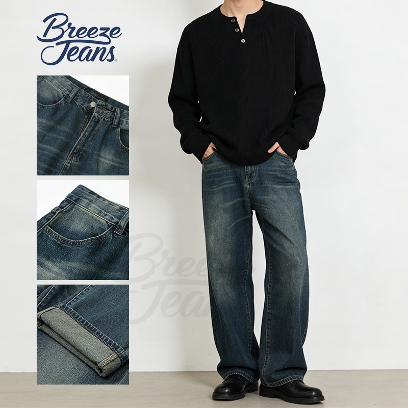 Breeze Jeans กางเกงยีนส์ชาย ทรงขากว้าง สไตล์เกาหลี ใส่ลำลอง สีฟ้าM-3XL ไซส์ใหญ่ กระบอกตรงหลวมหล่อสูง แฟชั่นฤดูร้อน กางเกงขายาว พร้อมส่ง