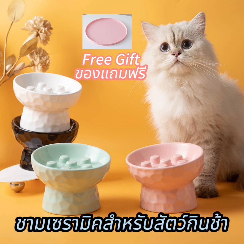 【ชามเซรามิกอาหารช้าสำหรับสัตว์เลี้ยงขาสูง】 ชามแมว ชามหมา ป้องกันการหก บำรุงคอ ปากเอียง ป้องกันการสำลัก กินช้าลง ป้องกันการสัมผัสหนวด ลดความเมื่อยล้า ขนาดใหญ่ 14 ซม.