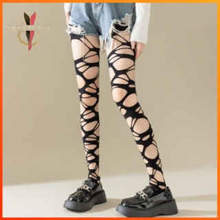 ถุงน่องตาข่ายฉีกแบบเซ็กซี่สีดำ สายรัดเท้ากลวง