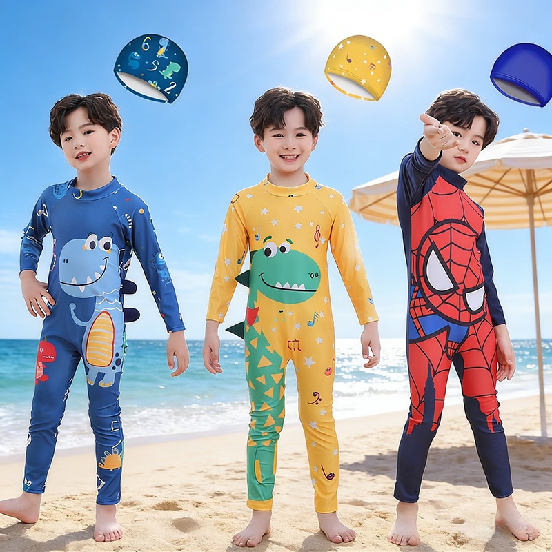 [สงกรานต์] ชุดว่ายน้ำเด็กผู้ชาย รูปแบบการ์ตูน ชุดว่ายน้ำ + หมวกว่ายน้ำ ชุด 2 ชิ้น น่ารัก หล่อ แฟชั่น กีฬากลางแจ้ง ชายหาด 110-140