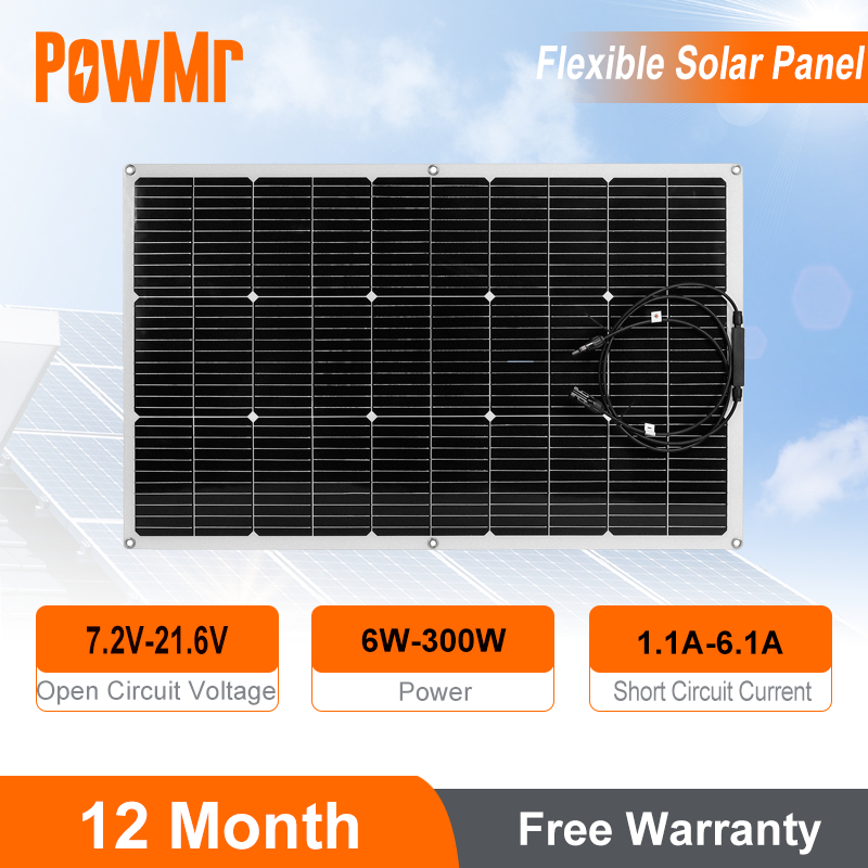 จัดส่งที่รวดเร็วPowMr 100W/120W/150W/200W/300W แผงโซลาร์เซลล์แบบยืดหยุ่น, โซล่าเซลล์ monocry stalline, สาย DIY, ระบบชาร์จกันน้ํา RV กลางแจ้ง