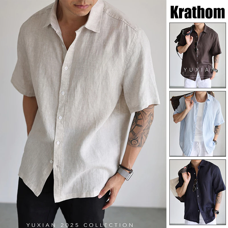 เสื้อแขนสั้นผู้ชาย ทำจากผ้าลินินสีทึบ ใส่สบายและระบายอากาศได้ดี มีให้เลือกหลายสี