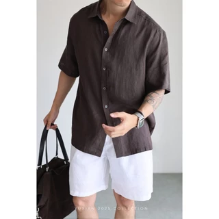 เสื้อแขนสั้นผู้ชาย ทำจากผ้าลินินสีทึบ ใส่สบายและระบายอากาศได้ดี มีให้เลือกหลายสี
