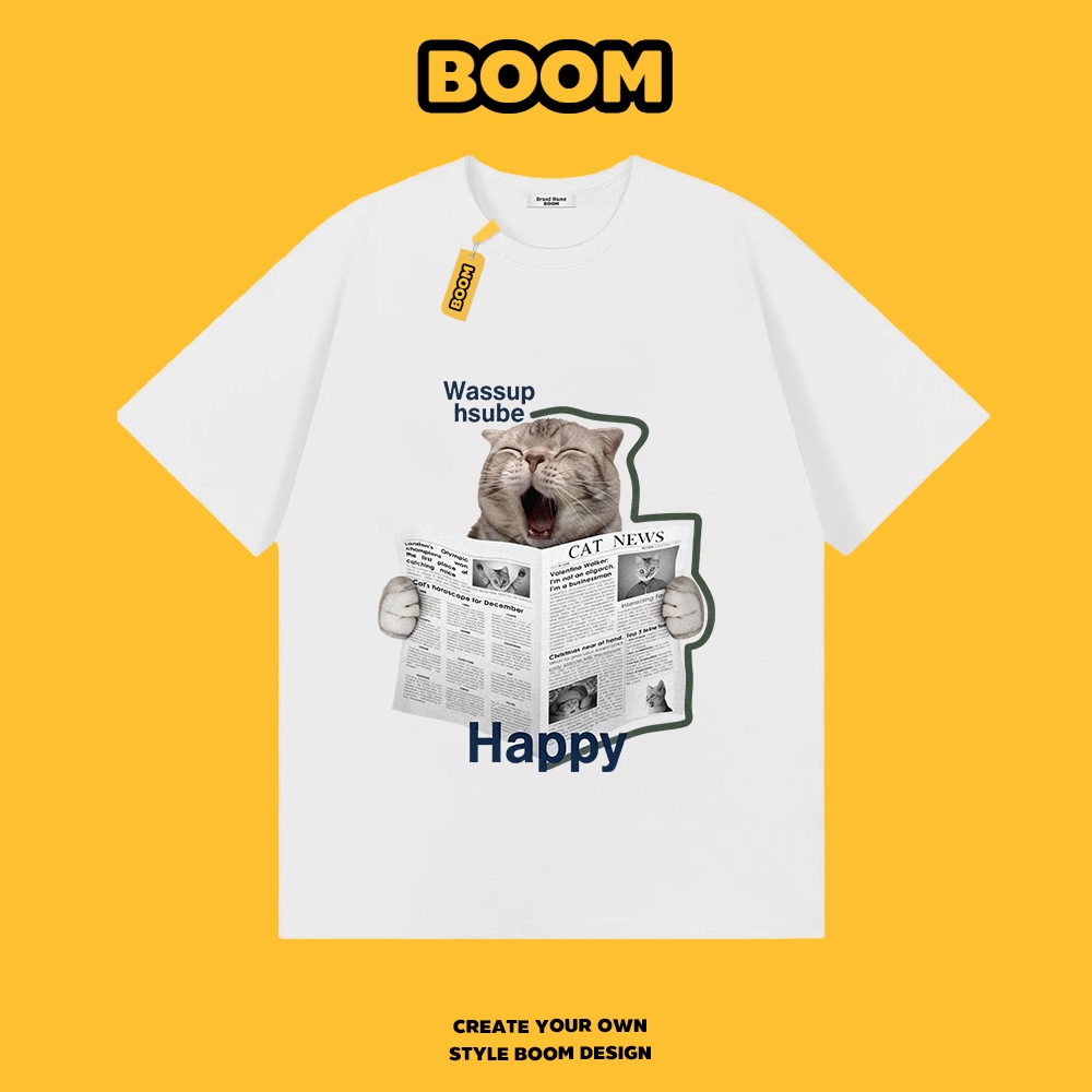 BOOM เสื้อยืดคอกลม ใส่ได้ทั้งชายและหญิง ผลิตจากผ้าคอตตอน 100% ระบายอากาศดี ลายภาพแมวน้อยน่าขำ เหมาะสำหรับเยาวชน