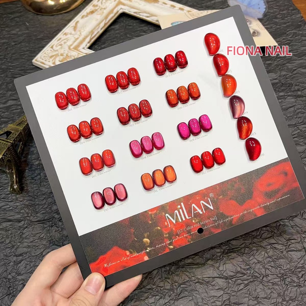 พร้อมส่ง MILAN 12 สี ชาร์ทสีลูกแก้วโทนชมพู /สีลูกแก้วแดง  สีเจลแคทอายเนื้อซาติน+สีลูกแก้ว ฟรีชาร์ทสี