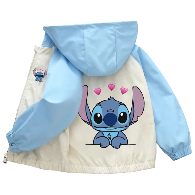 Stitch Cartoon Hoodie สำหรับเด็กอายุ 4-12 ปี กันลมและฝน.outerwear