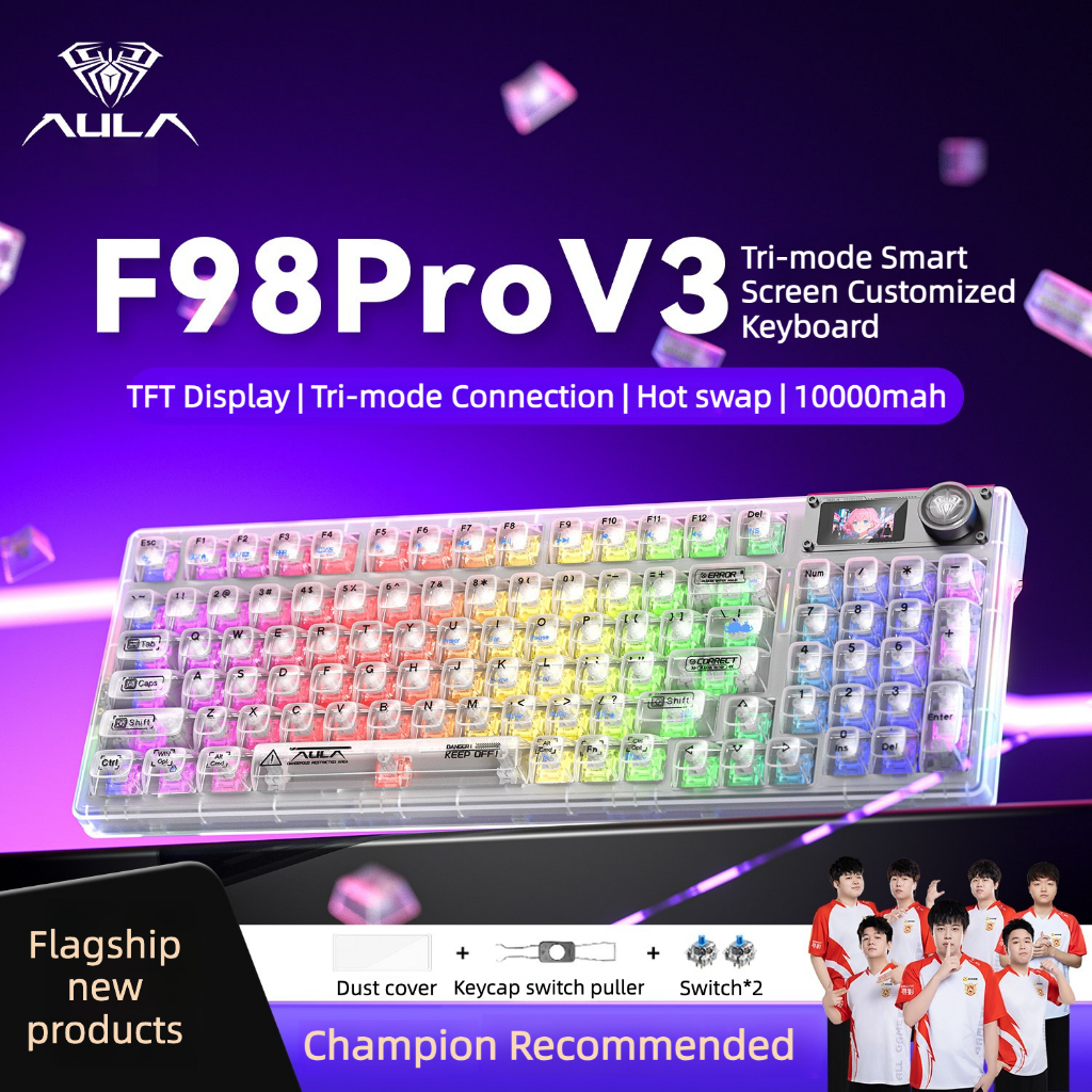 พร้อมสต็อก Aula F98pro V3 คีย์บอร์ดเชิงกล RGB โปร่งใสสามโหมดจอแสดงผลหน้าจอที่กําหนดเองปะเก็นโครงสร้า