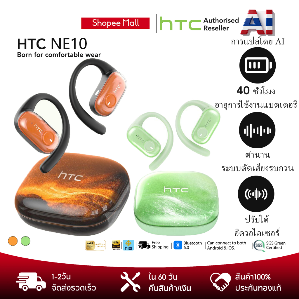 HTC NE10 AI  หูฟังแปลภาษา  หูฟังออกกำลังกายแบบมีแสงพลิ้วไหว หูฟังไร้สายบลูทูธ 6.0 สเตอริโอ HiFi พร้อ
