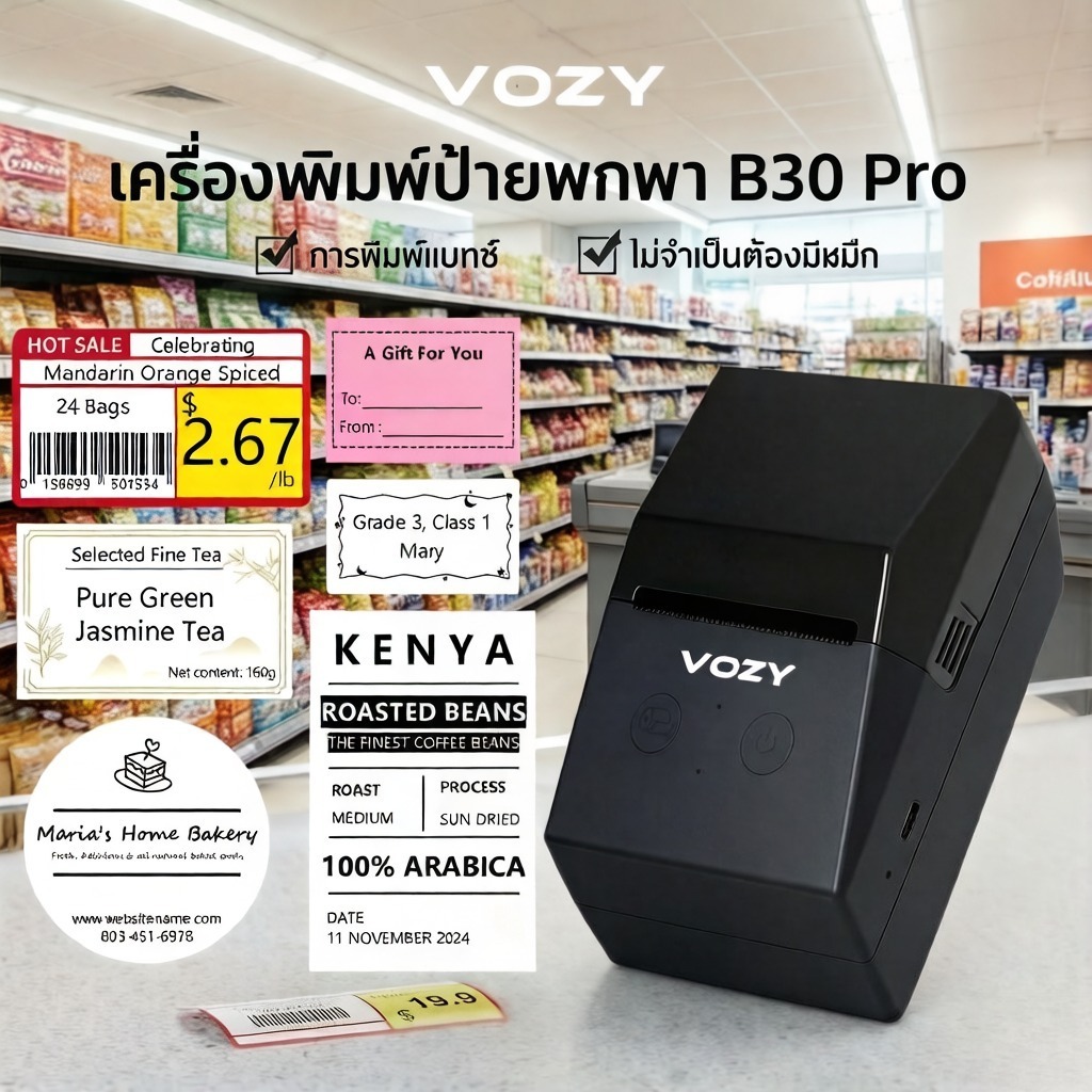 VOZY B30 Pro เครื่องพิมพ์ฉลากบลูทูธแบบพกพาสมาร์ทฉลากไร้หมึกเครื่องจัดการฉลากแบบพกพา2นิ้วสําหรับบ้านครัวองค์กรสํานักงา