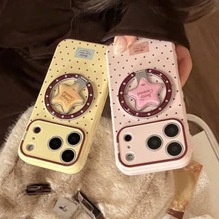 เคสไอโฟน เคส iPhone แบบ "สีเหลืองครีม/สีชมพูซากุระ พร้อมลวดลายโพลก้าดอต" ครอบหัวใจแบบแม่เหล็ก พร้อมแท่นยึดบางรอบทั้ง 360° เหมาะสำหรับ iPhone 17 Promax 16 Promax 16 Pro 15 Promax 15 Pro 14 14 Promax