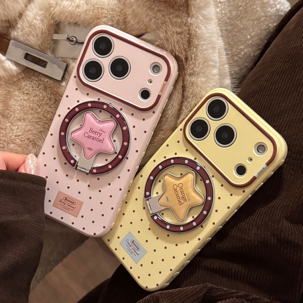 เคสไอโฟน เคส iPhone แบบ "สีเหลืองครีม/สีชมพูซากุระ พร้อมลวดลายโพลก้าดอต" ครอบหัวใจแบบแม่เหล็ก พร้อมแท่นยึดบางรอบทั้ง 360° เหมาะสำหรับ iPhone 17 Promax 16 Promax 16 Pro 15 Promax 15 Pro 14 14 Promax