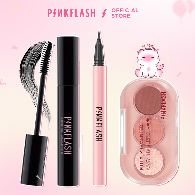 PINKFLASH 3 ชิ้นชุดแต่งหน้าตาติดทนนานมาสคาร่ากันน้ําอายไลเนอร์สีดําอายแชโดว์ Pattle