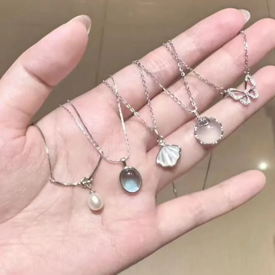สร้อยคอมุกมูนสโตนสีเงิน ออกแบบสไตล์เกาหลี สำหรับนักเรียนและโอกาสพิเศษ