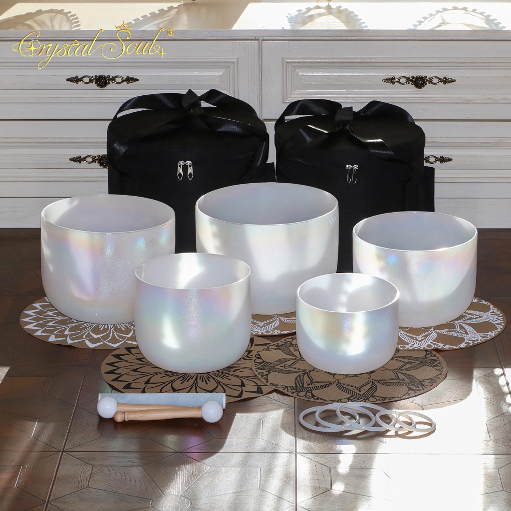 Crystal Soul Moonstone Alchemy Crystal Singing Bowl Five Glands Set with Bag for Meditation Yoga Sound Healing