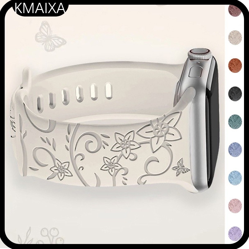 สายยาง for IWatch 49 45 44 42 41 40 38 46มม วงแกะสลักอ่อนผู้หญิงซิลิโคนพิมพ์ดอกไม้พิมพ์ Series 11 10 9 8 7 6 5 4 SE 3 2 1