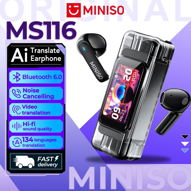 MINISO MS116 หูฟังแปลภาษาด้วย AI บลูทูธ 6.0 วอลเปเปอร์ที่ปรับแต่งได้เอง เอฟเฟกต์เสียง 3 มิติ หูฟังระบบสัมผัส หูฟังไร้สาย กันน้ำระดับ IPX5 คุณภาพเสียงสนทนาคมชัด พร้อมไมโครโฟน