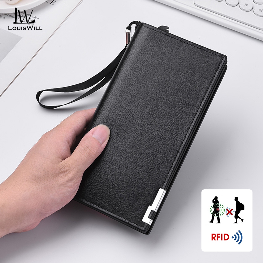 LouisWill กระเป๋าสตางค์ผู้ชาย RFID Simple Long Wallet Soft PU Business Wallets Multi-Card ตําแหน่งกระเป๋าใส่เหรียญสําหรับเดินทาง
