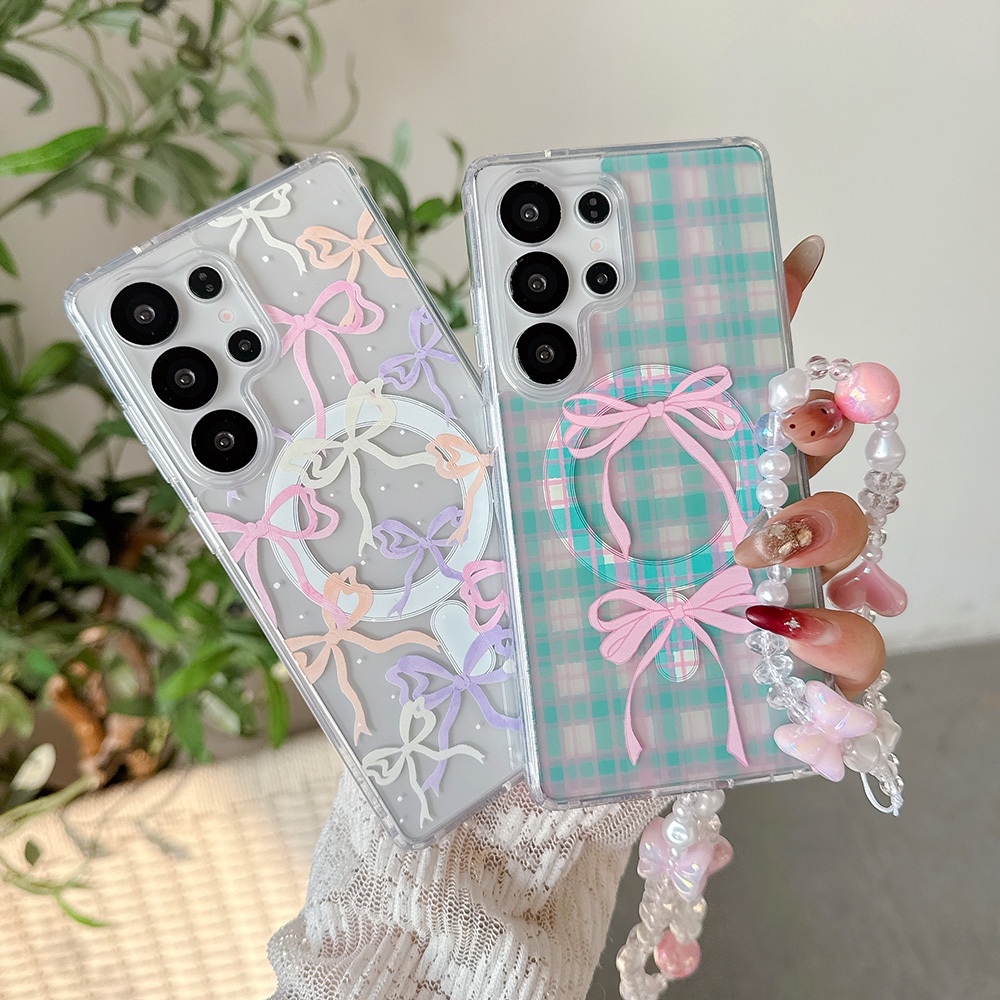 สวยงาม เส้น เนคไทผีเสื้อ เชือกมือ Magnetic เคส For Samsung Galaxy S26 Ultra S26 Plus S26 S25 FE S25 Ultra S25 Plus S25 S24FE S24 Ultra S24 Plus S24 S23FE S23 A57 A56 A55 A37 A36 5G Case เคสโทรศัพท์ใหม่ PC ป้องกันการตก เคสมือถือซัมซุง