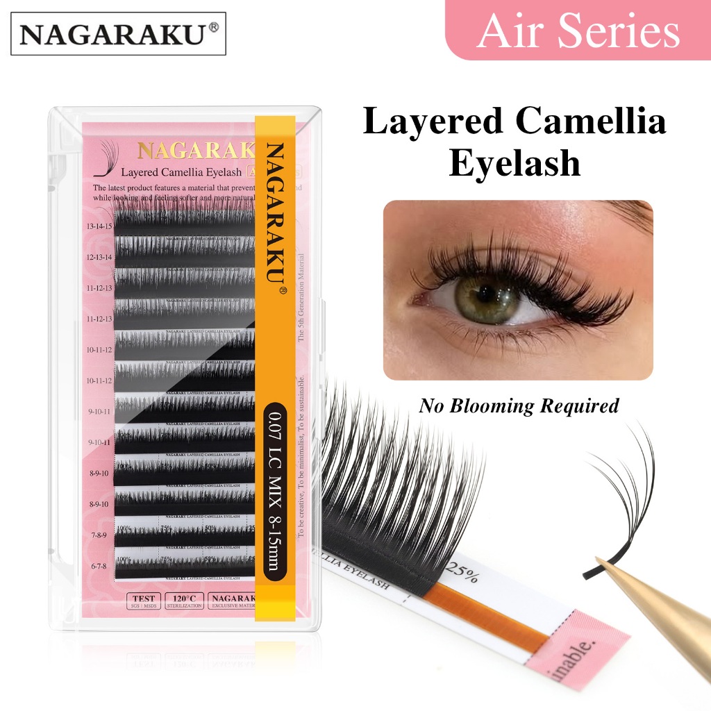 NAGARAKU Layered Camellia Eyelash Extensions LB/LC Curl Fluffy และ Messy 5D มังงะขนตาปริมาณแฟนส่วนบุคคล Lash