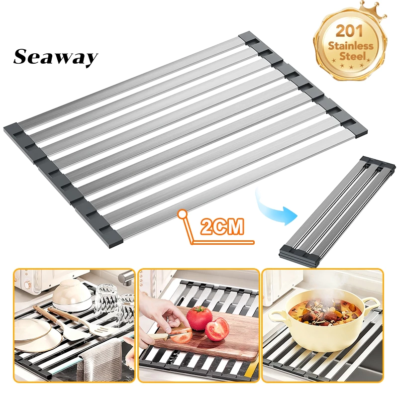 ชั้นวางผึ่งจานพับได้สแตนเลส วางบนอ่างล้างจาน 43/53 ซม. Roll Up Drying Rack 6/9/12 ท่อ พร้อมขอบซิลิโคน