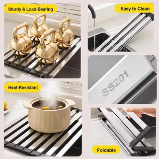 ชั้นวางผึ่งจานพับได้สแตนเลส วางบนอ่างล้างจาน 43/53 ซม. Roll Up Drying Rack 6/9/12 ท่อ พร้อมขอบซิลิโคน