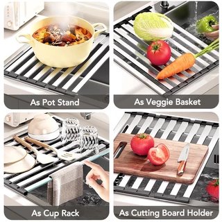 ชั้นวางผึ่งจานพับได้สแตนเลส วางบนอ่างล้างจาน 43/53 ซม. Roll Up Drying Rack 6/9/12 ท่อ พร้อมขอบซิลิโคน