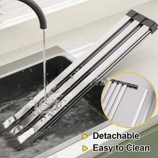 ชั้นวางผึ่งจานพับได้สแตนเลส วางบนอ่างล้างจาน 43/53 ซม. Roll Up Drying Rack 6/9/12 ท่อ พร้อมขอบซิลิโคน