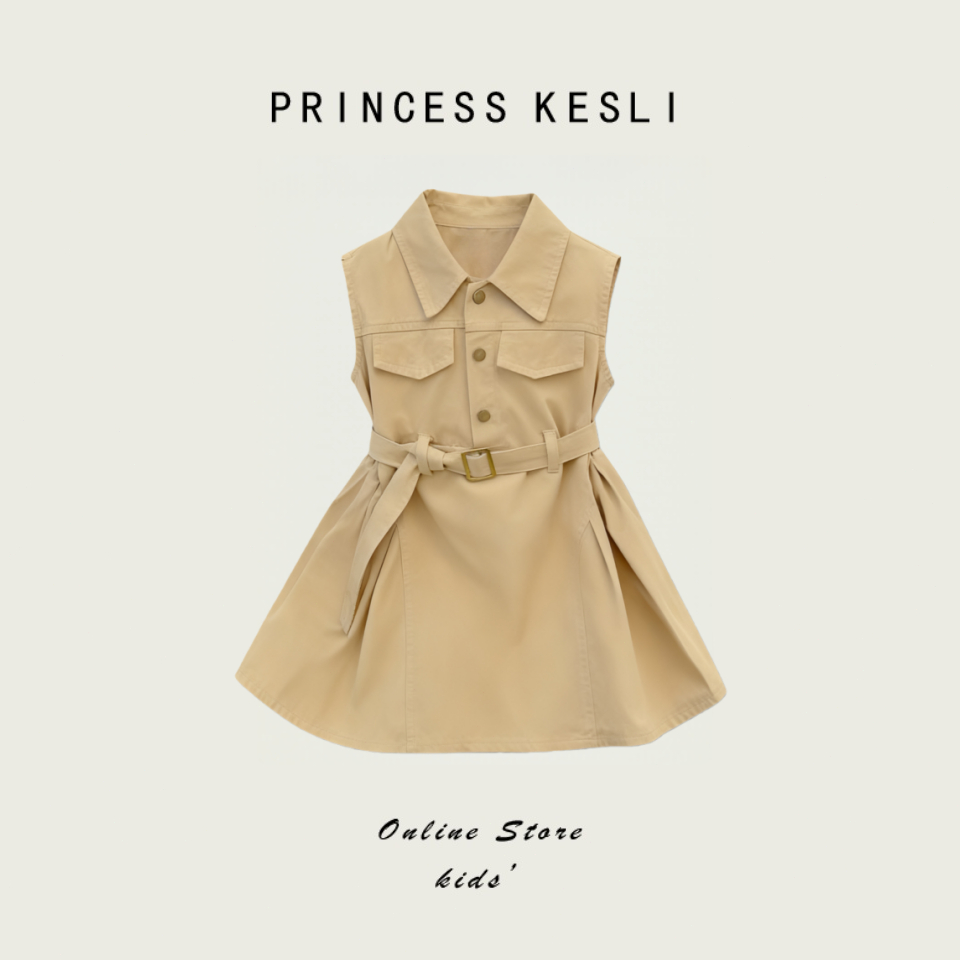 Princess kesli เดรสเด็ก สไตล์เกาหลี แขนกุด กับเข็มขัด ชุดเด็กหญิง จีบกระโปรง เสื้อกั๊กกระโปรง 2-9 ปี