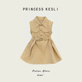Princess kesli เดรสเด็ก สไตล์เกาหลี แขนกุด กับเข็มขัด ชุดเด็กหญิง จีบกระโปรง เสื้อกั๊กกระโปรง 2-9 ปี