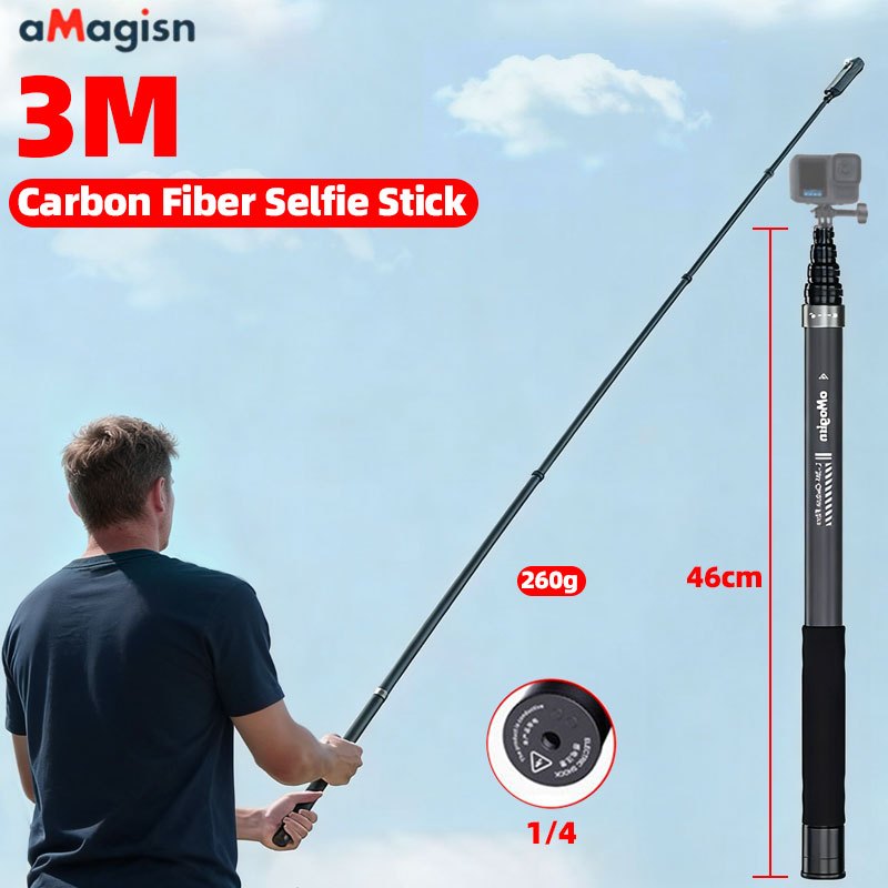 AMagisn 3m Selfie Stick สําหรับ Insta360 X5,X4,X3 กล้อง Ultra Long Extended Grip Pole คาร์บอนไฟเบอร์สําหรับ Insta360, GoPro, DJI OSMO Action กล้องอุปกรณ์เสริม