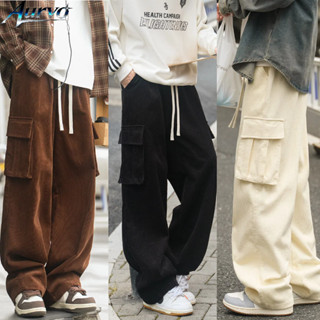 AURVO กางเกงขายาวผู้ชาย กางเกงผ้าลูกฟูกลําลองสไตล์ญี่ปุ่นดีไ…