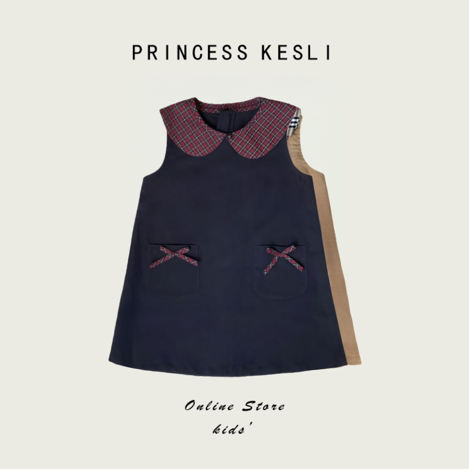 Princess kesli ชุดเดรสเด็กผู้หญิง ลายสก๊อตปก สไตล์เกาหลี แต่งโบว์น่ารักๆ ชุดเดรสแขนกุดเด็ก1-9 ปี