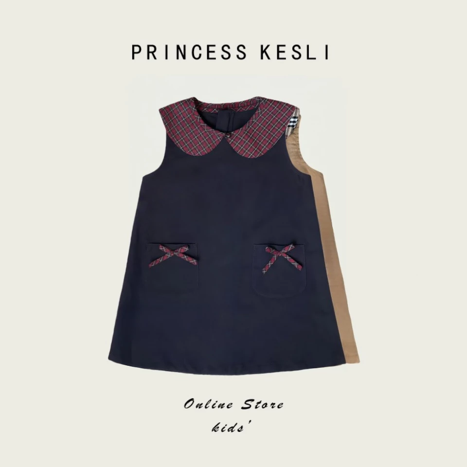 Princess kesli ชุดเดรสเด็กผู้หญิง ลายสก๊อตปก สไตล์เกาหลี แต่งโบว์น่ารักๆ ชุดเดรสแขนกุดเด็ก1-9 ปี