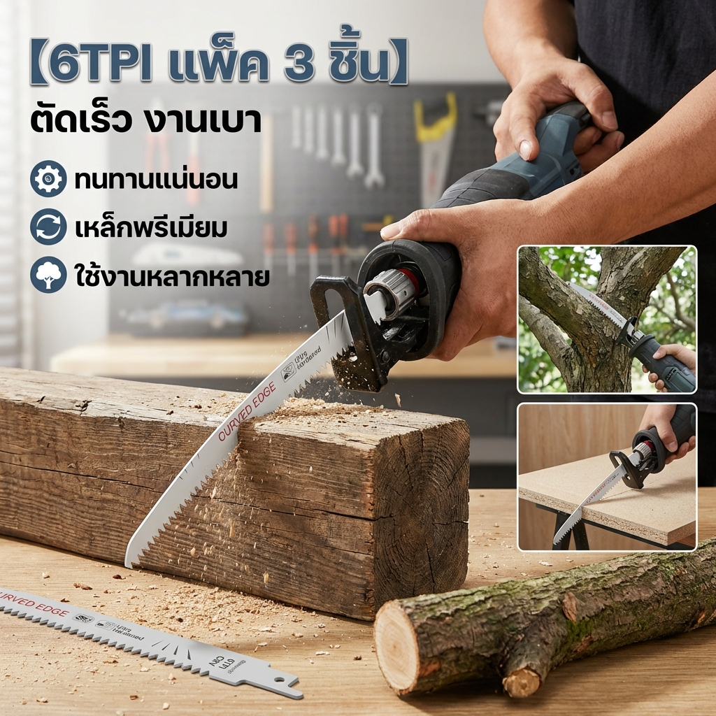 การจัดส่งที่รวดเร็ว 3 ชิ้นใบเลื่อยลูกสูบ 6TPI 14.4 นิ้ว Chrome Vanadium Steel Arc Edge ใบเลื่อยลูกสูบ ผลิตจากเหล็กคาร์บอน