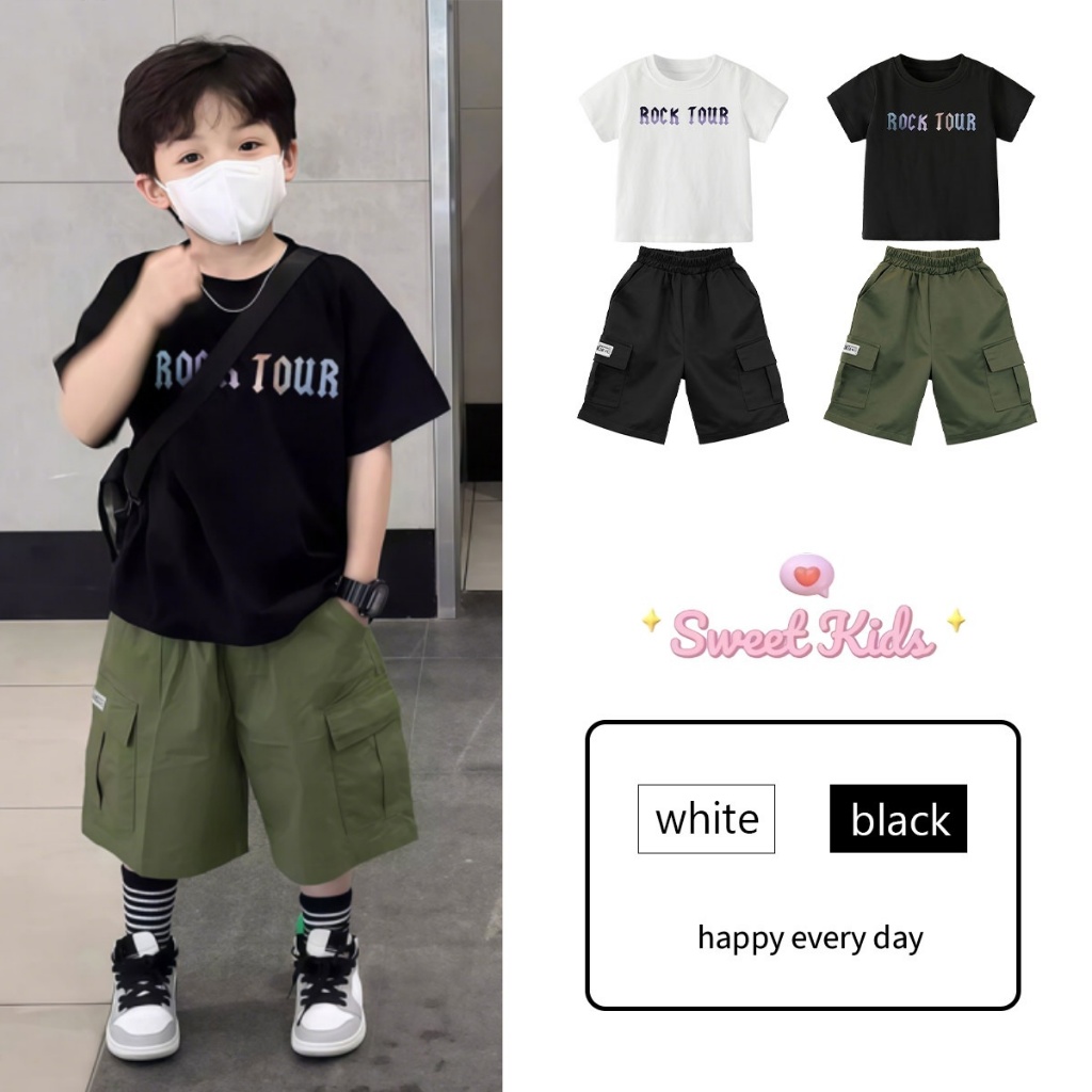 SweetKids พร้อมส่งจากกทม ชุดแฟชั่นเด็ก เสื้อผ้าเด็กผู้ชาย สไตล์เกาหลี ลายตัวอักษร หลวมและระบายอากาศได้ เสื้อยืดแขนสั้น+กางเกงขาสั้น เซท 2 ชิ้น