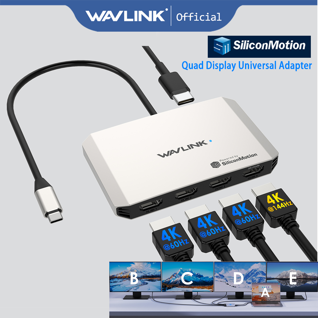 WAVLINK Universal Hub SMI Chip อะแดปเตอร์ USB-C ถึง Quad HDMI, อะแดปเตอร์ USB-C 4K, รองรับ PD ใน 140W Out 130W, ขนาดกะทัดรัดและพกพาได้ UG7702H