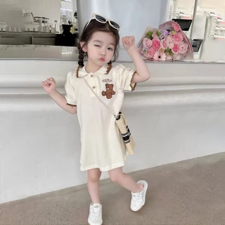 Princess Kesli ชุดเดรสเด็กผู้หญิง แขนพอง ลายหมี ชุดเดรสโปโล ลายหมี สำหรับเด็กผู้หญิง 1-9 ปี