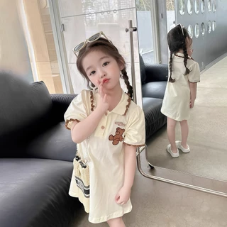 Princess Kesli ชุดเดรสเด็กผู้หญิง แขนพอง ลายหมี ชุดเดรสโปโล ลายหมี สำหรับเด็กผู้หญิง 1-9 ปี