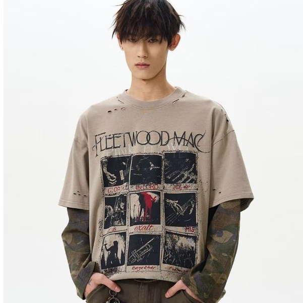 เสื้อยืดแขนยาวสไตล์ STREET พรินต์แบบ Americana Retro Rock Band ทรงหลวมสวมใส่ง่ายและทันสมัย