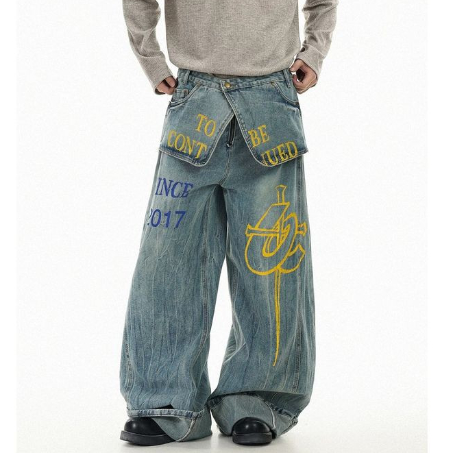 กางเกงยีนส์ขากว้าง สไตล์อเมริกัน ดีไซน์เรโทรสตรีทเทรนดี้