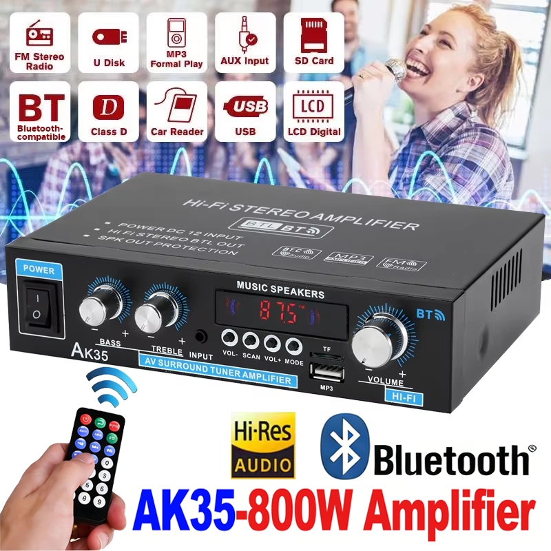 AK45/AK35 800W Home Power Amplifier 2 ช่องบลูทูธ 5.0 Mini Hifi เสียงสเตอริโอดิจิตอลเครื่องขยายเสียงรองรับ FM USB SD Mic อินพุต