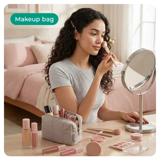 BAGSMART Quilted Makeup Bag Puffy Cushion Cosmetic Pouch Wide-open Travel Toiletry Organizer Case กระเป๋ากันน้ํา